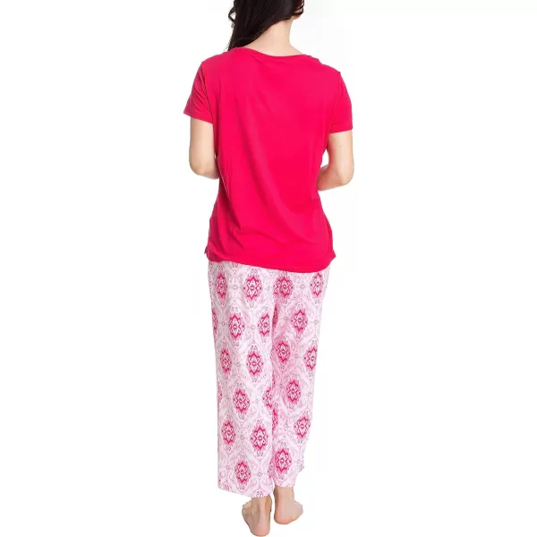 MUK LUKS Womens Feel Good Happy Cloud Knit Short Sleeve 22 Capri Pant Sleep Set Multiple Colors Multiple SizesRedSweet Ikat