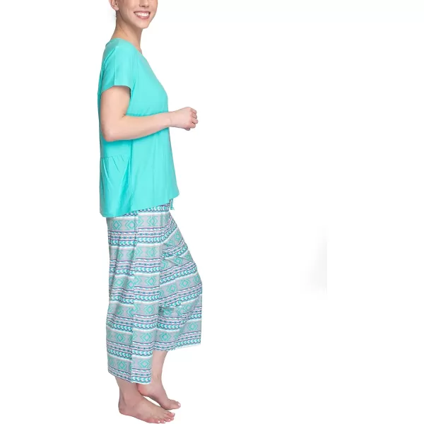 MUK LUKS Womens Feel Good Happy Cloud Knit Short Sleeve 22 Capri Pant Sleep Set Multiple Colors Multiple SizesTealBreezy Fairisle