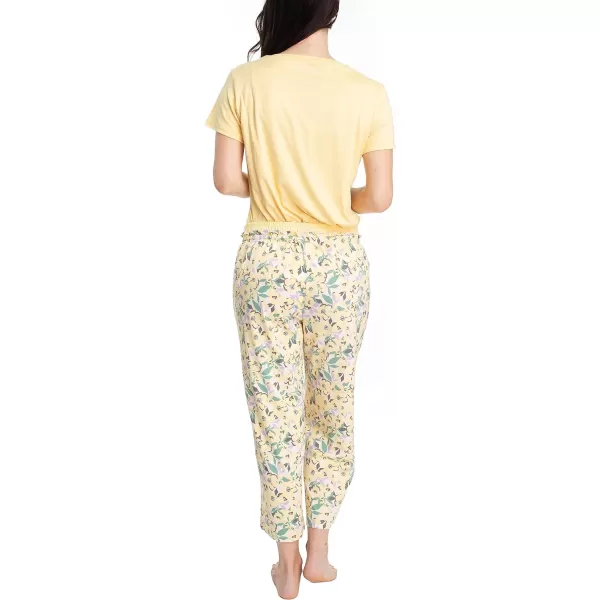 MUK LUKS Womens Feel Good Happy Cloud Knit Short Sleeve 22 Capri Pant Sleep Set Multiple Colors Multiple SizesYellowHappy Floral
