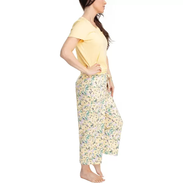 MUK LUKS Womens Feel Good Happy Cloud Knit Short Sleeve 22 Capri Pant Sleep Set Multiple Colors Multiple SizesYellowHappy Floral