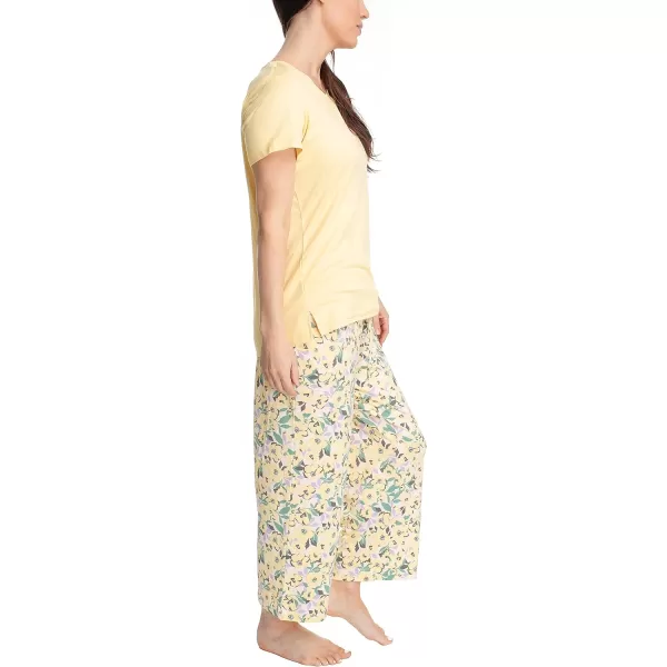MUK LUKS Womens Feel Good Happy Cloud Knit Short Sleeve 22 Capri Pant Sleep Set Multiple Colors Multiple SizesYellowHappy Floral