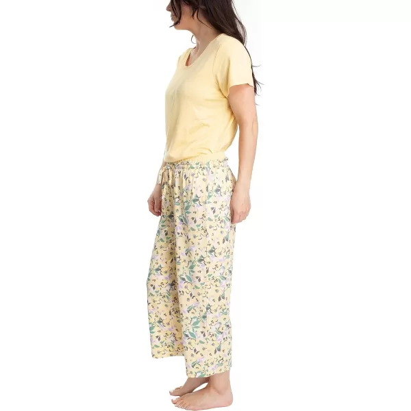 MUK LUKS Womens Feel Good Happy Cloud Knit Short Sleeve 22 Capri Pant Sleep Set Multiple Colors Multiple SizesYellowHappy Floral