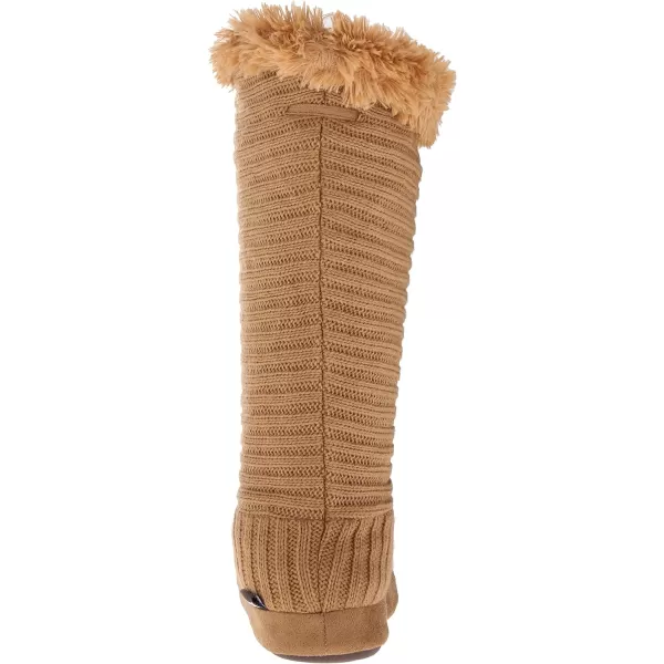 Muk Luks Womens Ribbed Slippers with PomsCamel