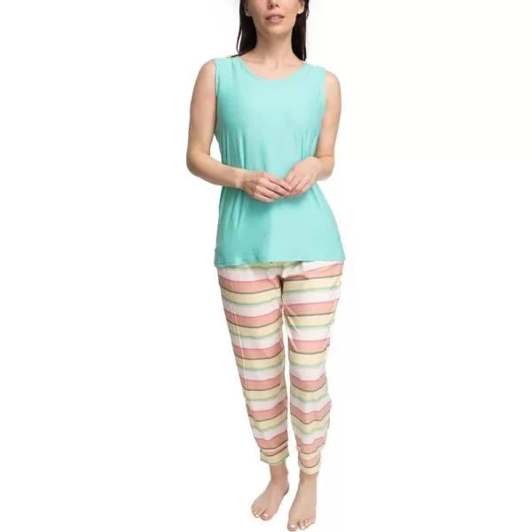 MUK LUKS Sleeveless Tank Top and Jogger Sleep Set with Pockets Sleepwear Lounge SetAquaMultistripe