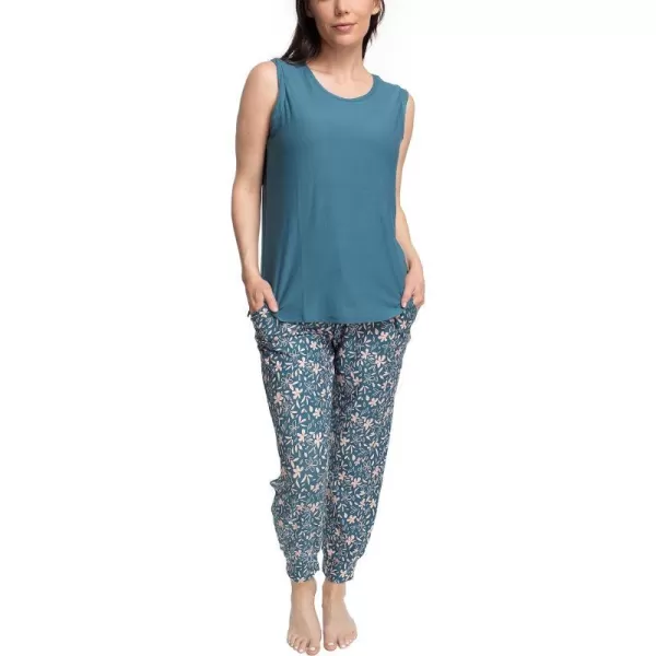 MUK LUKS Sleeveless Tank Top and Jogger Sleep Set with Pockets Sleepwear Lounge SetDenimTropical Floral