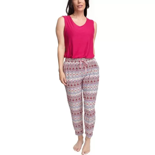 MUK LUKS Sleeveless Tank Top and Jogger Sleep Set with Pockets Sleepwear Lounge SetRaspberryIkat