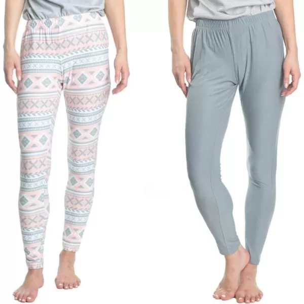 MUK LUKS Women Super Soft Sleepwear Lounging Pattern and Solid Combo Legging 2 PackCactus FairsleGray