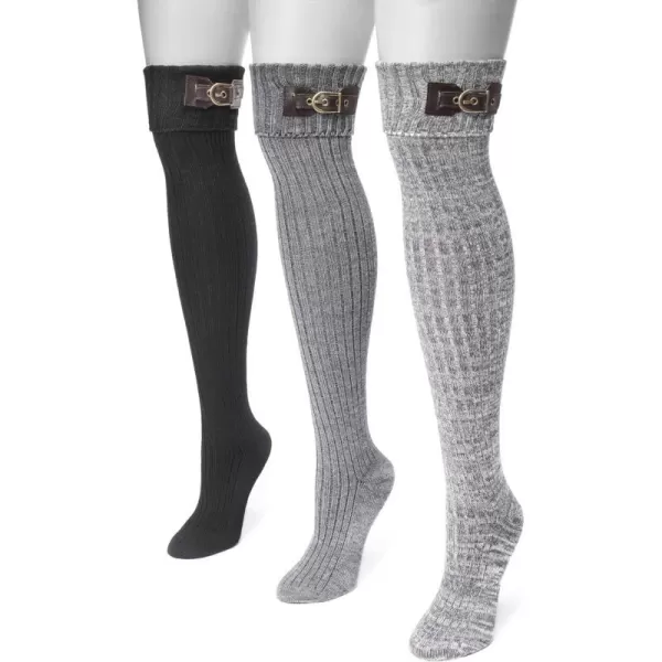 MUK LUKS Womens 3 Pair Buckle Cuff Over The Knee SocksBlack