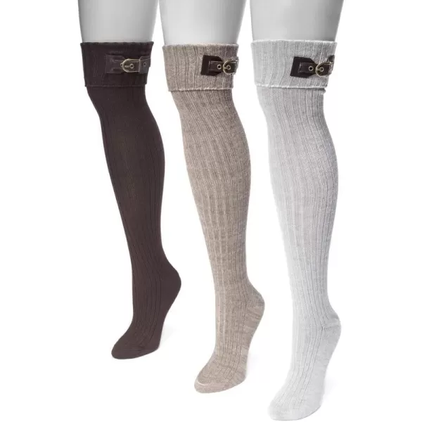 MUK LUKS Womens 3 Pair Buckle Cuff Over The Knee SocksBrown