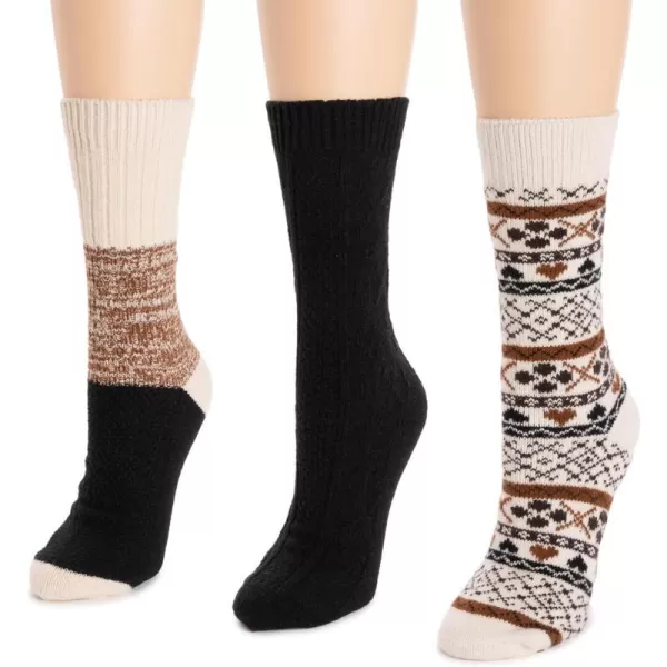 MUK LUKS Womens Boot Socks 3 Pair PackBrwnBlkCream