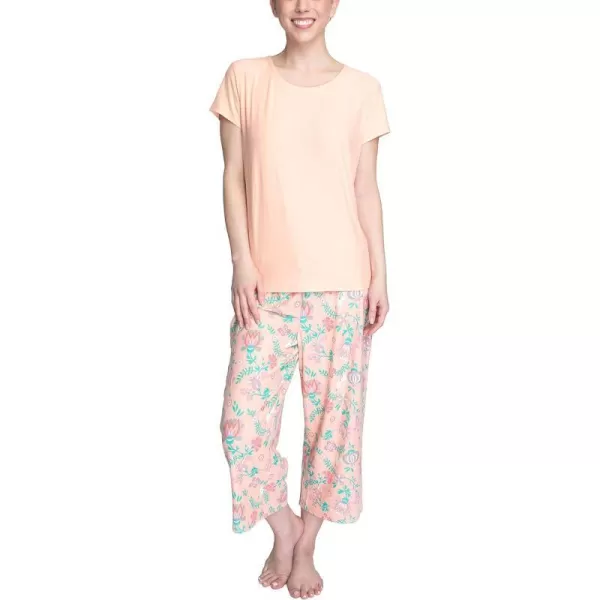 MUK LUKS Womens Feel Good Happy Cloud Knit Short Sleeve 22 Capri Pant Sleep Set Multiple Colors Multiple SizesPeachFloral