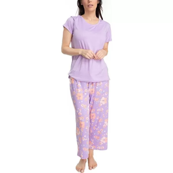 MUK LUKS Womens Feel Good Happy Cloud Knit Short Sleeve 22 Capri Pant Sleep Set Multiple Colors Multiple SizesPurpleRegency Floral