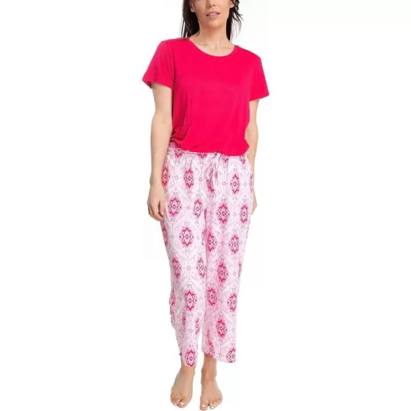 MUK LUKS Womens Feel Good Happy Cloud Knit Short Sleeve 22 Capri Pant Sleep Set Multiple Colors Multiple SizesRedSweet Ikat