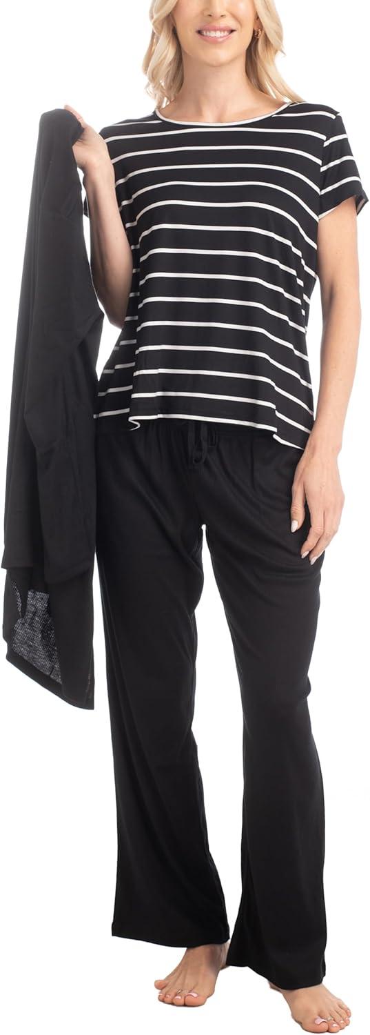 imageMUK LUKS 3 Piece Womens Pajamas  Anything Sleep and Lounge Set Matching Long Sleeve Cardigan Conjunto de PijamaBlack Stripe