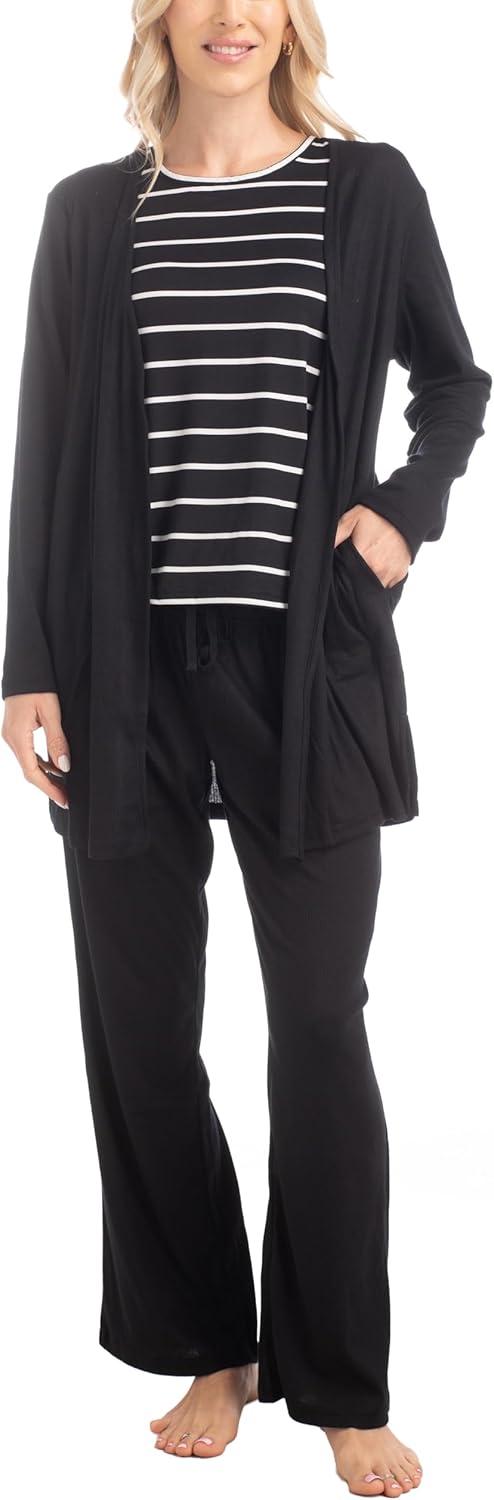 imageMUK LUKS 3 Piece Womens Pajamas  Anything Sleep and Lounge Set Matching Long Sleeve Cardigan Conjunto de PijamaBlack Stripe