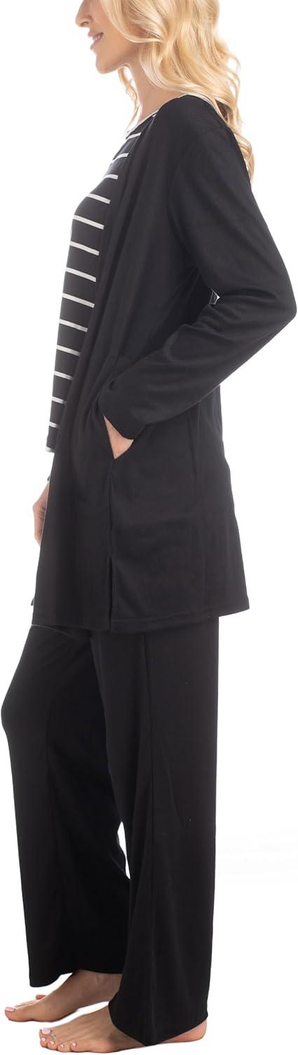 imageMUK LUKS 3 Piece Womens Pajamas  Anything Sleep and Lounge Set Matching Long Sleeve Cardigan Conjunto de PijamaBlack Stripe