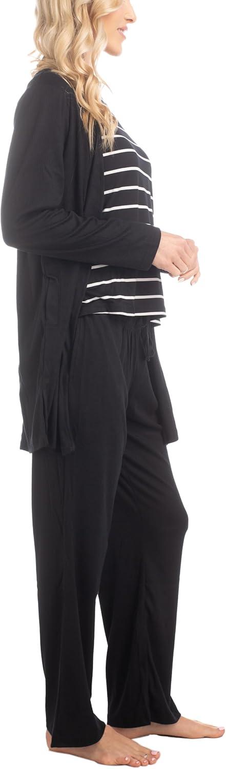 imageMUK LUKS 3 Piece Womens Pajamas  Anything Sleep and Lounge Set Matching Long Sleeve Cardigan Conjunto de PijamaBlack Stripe