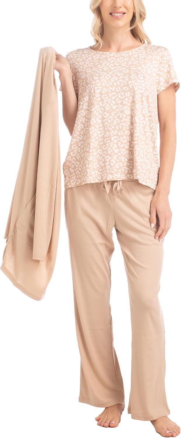 imageMUK LUKS 3 Piece Womens Pajamas  Anything Sleep and Lounge Set Matching Long Sleeve Cardigan Conjunto de PijamaCaramel Leopard