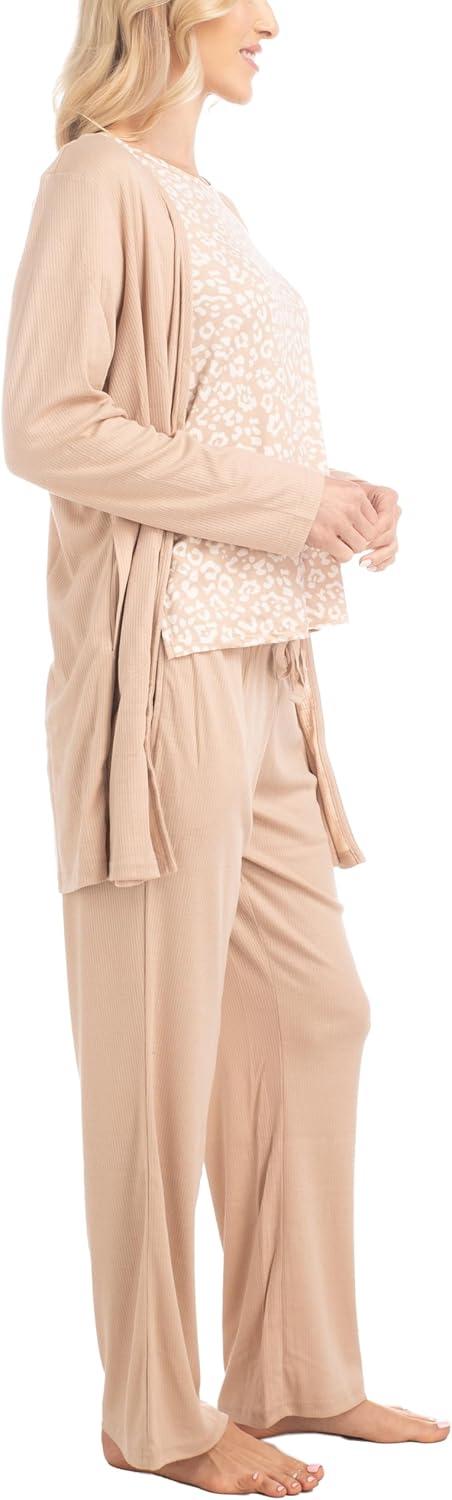 imageMUK LUKS 3 Piece Womens Pajamas  Anything Sleep and Lounge Set Matching Long Sleeve Cardigan Conjunto de PijamaCaramel Leopard