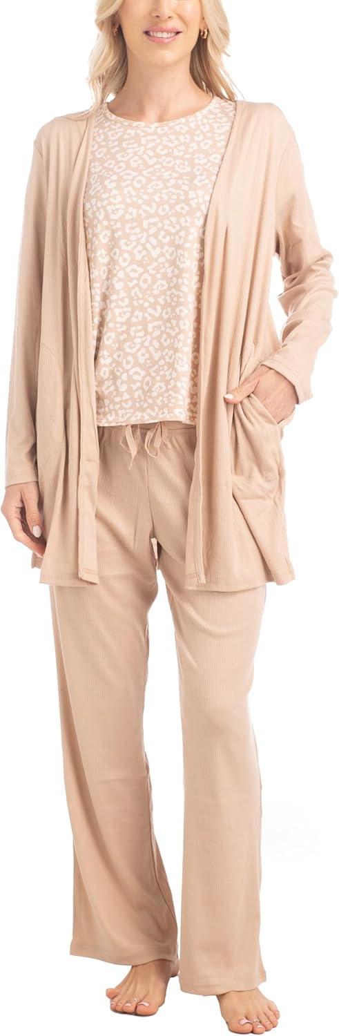 imageMUK LUKS 3 Piece Womens Pajamas  Anything Sleep and Lounge Set Matching Long Sleeve Cardigan Conjunto de PijamaCaramel Leopard