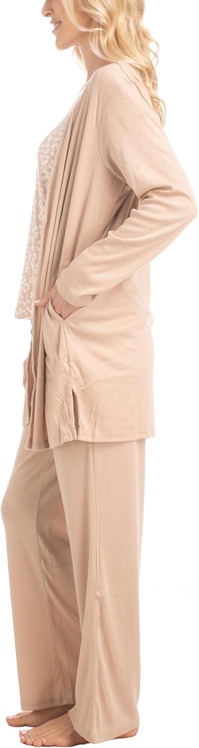imageMUK LUKS 3 Piece Womens Pajamas  Anything Sleep and Lounge Set Matching Long Sleeve Cardigan Conjunto de PijamaCaramel Leopard