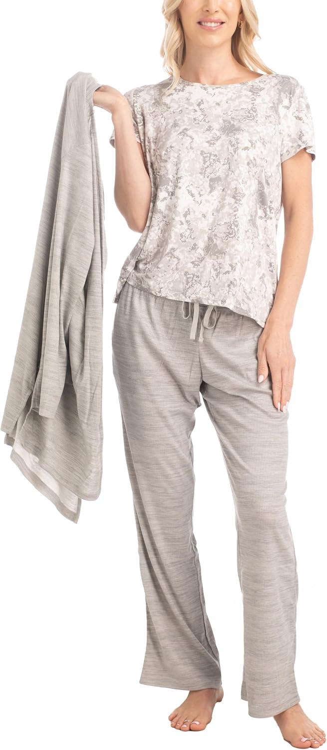 imageMUK LUKS 3 Piece Womens Pajamas  Anything Sleep and Lounge Set Matching Long Sleeve Cardigan Conjunto de PijamaGreyCotton Candy