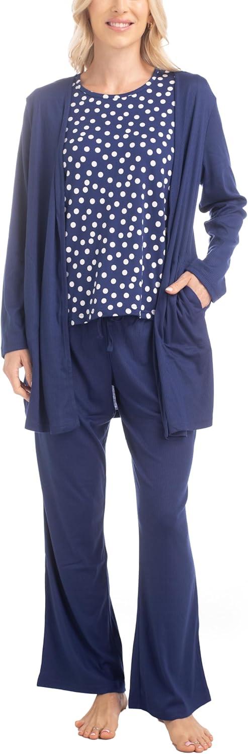 imageMUK LUKS 3 Piece Womens Pajamas  Anything Sleep and Lounge Set Matching Long Sleeve Cardigan Conjunto de PijamaNavy Dot