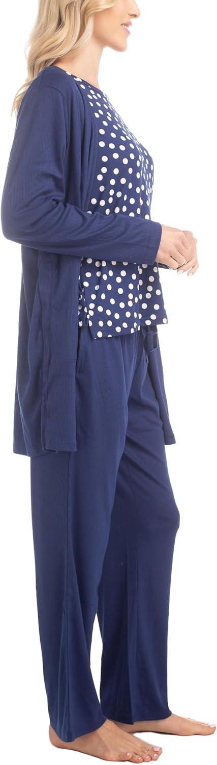 imageMUK LUKS 3 Piece Womens Pajamas  Anything Sleep and Lounge Set Matching Long Sleeve Cardigan Conjunto de PijamaNavy Dot