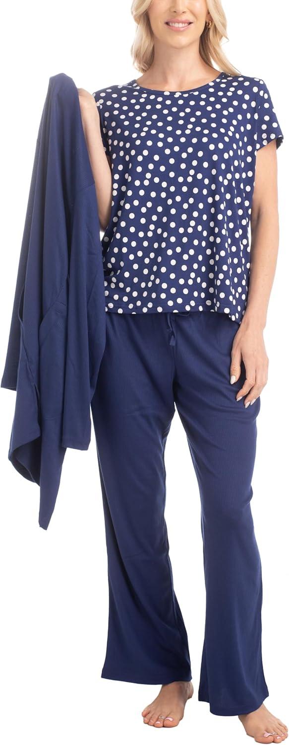 imageMUK LUKS 3 Piece Womens Pajamas  Anything Sleep and Lounge Set Matching Long Sleeve Cardigan Conjunto de PijamaNavy Dot