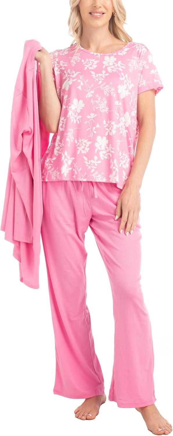 imageMUK LUKS 3 Piece Womens Pajamas  Anything Sleep and Lounge Set Matching Long Sleeve Cardigan Conjunto de PijamaPinkLacey Floral