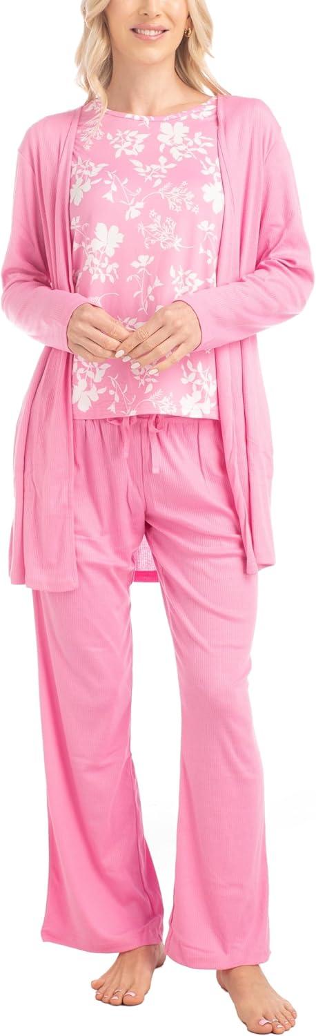 imageMUK LUKS 3 Piece Womens Pajamas  Anything Sleep and Lounge Set Matching Long Sleeve Cardigan Conjunto de PijamaPinkLacey Floral