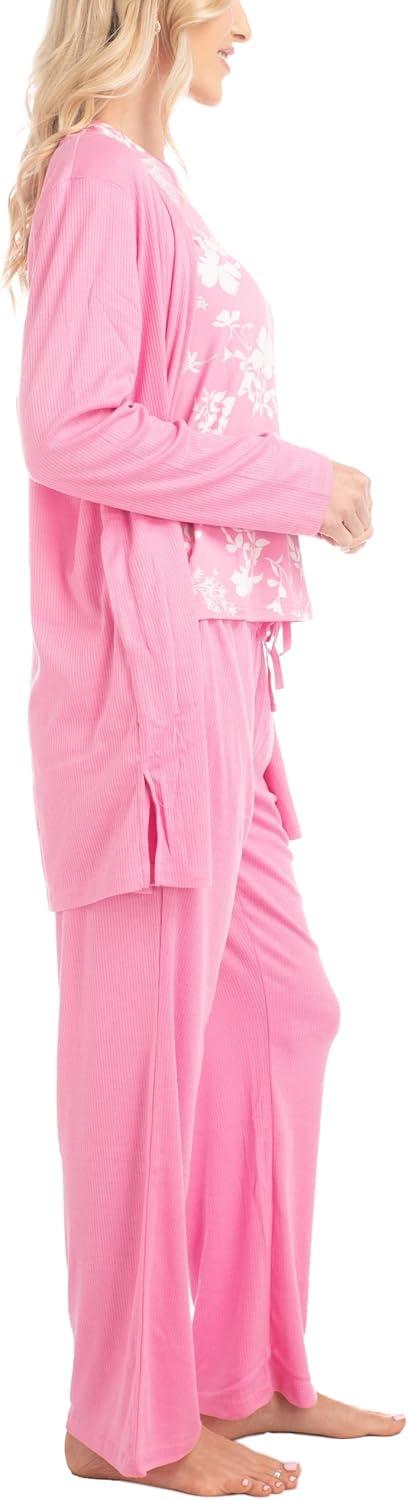imageMUK LUKS 3 Piece Womens Pajamas  Anything Sleep and Lounge Set Matching Long Sleeve Cardigan Conjunto de PijamaPinkLacey Floral
