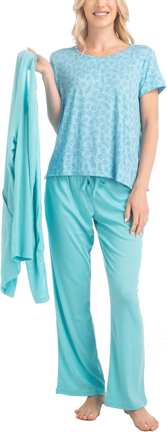 imageMUK LUKS 3 Piece Womens Pajamas  Anything Sleep and Lounge Set Matching Long Sleeve Cardigan Conjunto de PijamaTeal Paisley