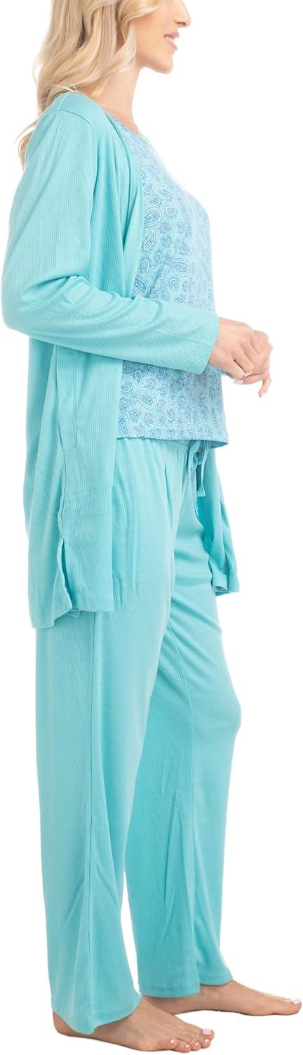 imageMUK LUKS 3 Piece Womens Pajamas  Anything Sleep and Lounge Set Matching Long Sleeve Cardigan Conjunto de PijamaTeal Paisley