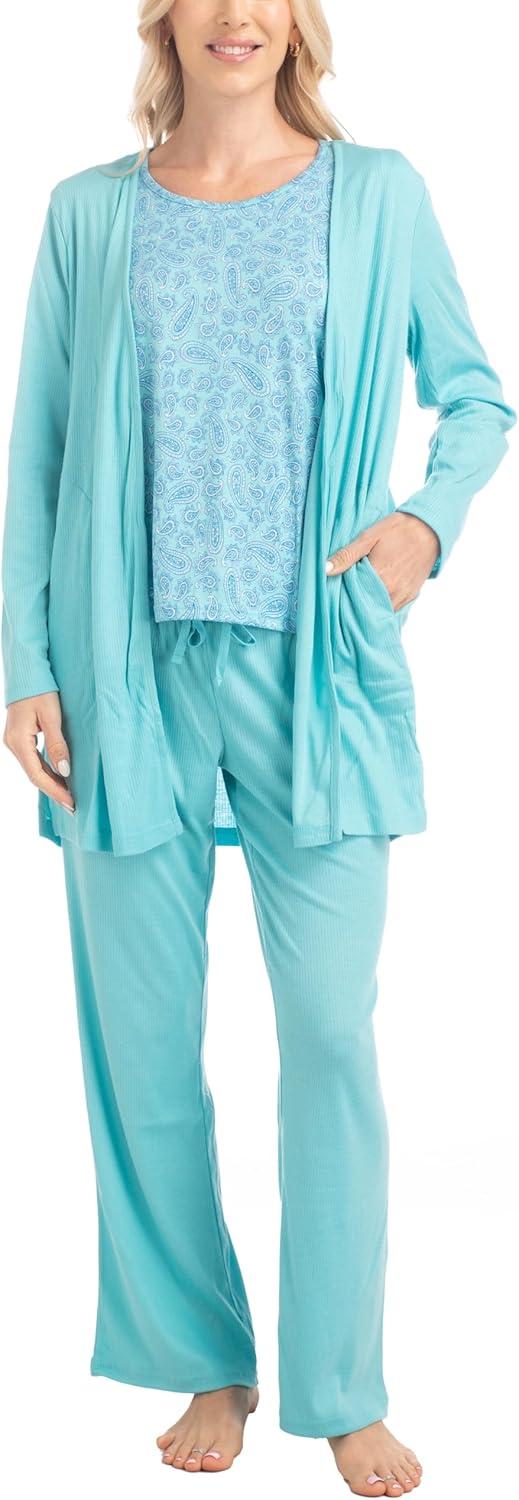imageMUK LUKS 3 Piece Womens Pajamas  Anything Sleep and Lounge Set Matching Long Sleeve Cardigan Conjunto de PijamaTeal Paisley