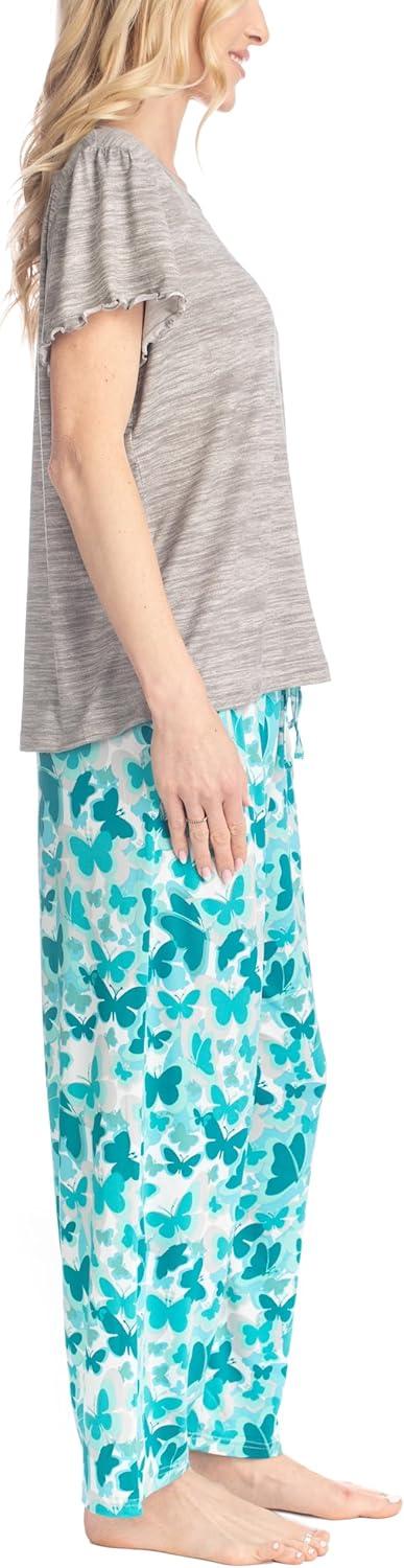 imageMUK LUKS Short Sleeve Pajama Set 2Piece Ruffle Sleeve Shirt and Capri Sleep Pants Artistic Garden Pijamas Capri de MujerGryButterflybeauty