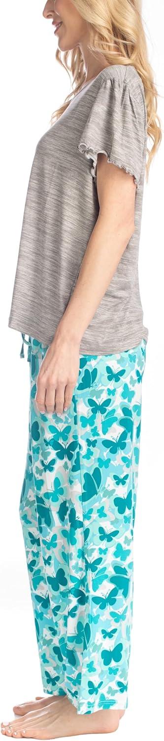 imageMUK LUKS Short Sleeve Pajama Set 2Piece Ruffle Sleeve Shirt and Capri Sleep Pants Artistic Garden Pijamas Capri de MujerGryButterflybeauty