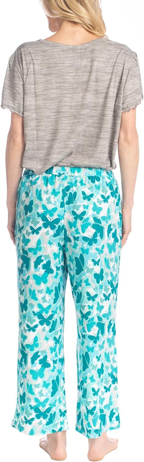 imageMUK LUKS Short Sleeve Pajama Set 2Piece Ruffle Sleeve Shirt and Capri Sleep Pants Artistic Garden Pijamas Capri de MujerGryButterflybeauty