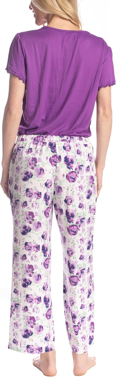 imageMUK LUKS Short Sleeve Pajama Set 2Piece Ruffle Sleeve Shirt and Capri Sleep Pants Artistic Garden Pijamas Capri de MujerPurGarden Floral