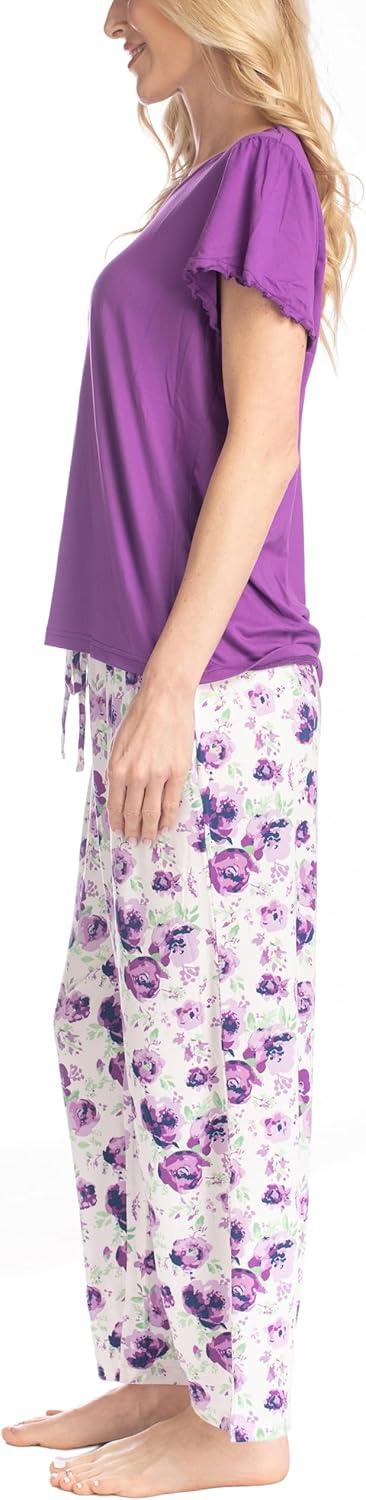 imageMUK LUKS Short Sleeve Pajama Set 2Piece Ruffle Sleeve Shirt and Capri Sleep Pants Artistic Garden Pijamas Capri de MujerPurGarden Floral