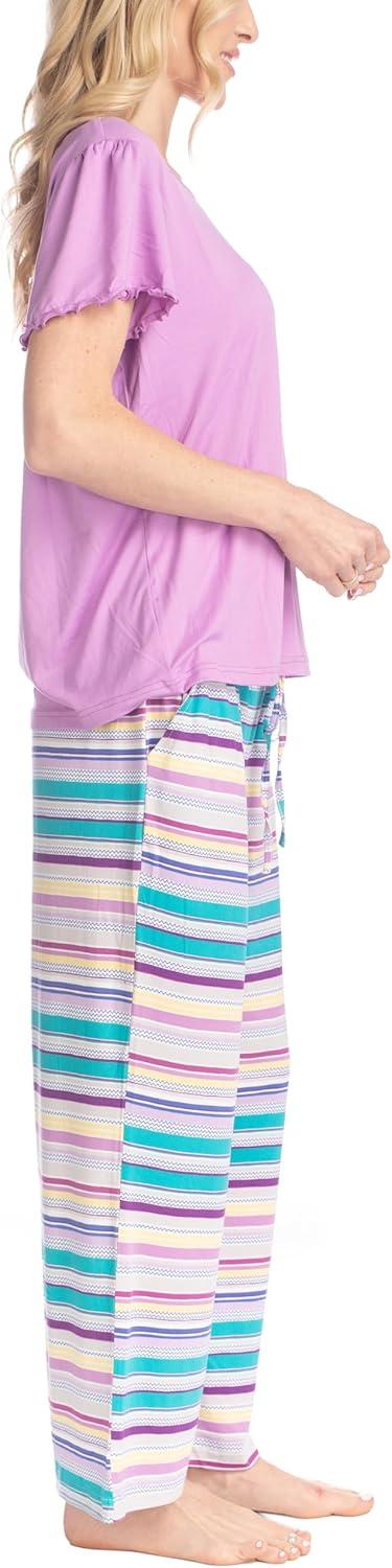 imageMUK LUKS Short Sleeve Pajama Set 2Piece Ruffle Sleeve Shirt and Capri Sleep Pants Artistic Garden Pijamas Capri de MujerPurRainbow Stripe