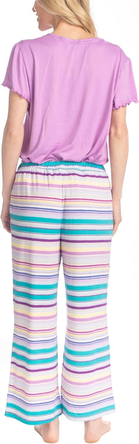 imageMUK LUKS Short Sleeve Pajama Set 2Piece Ruffle Sleeve Shirt and Capri Sleep Pants Artistic Garden Pijamas Capri de MujerPurRainbow Stripe