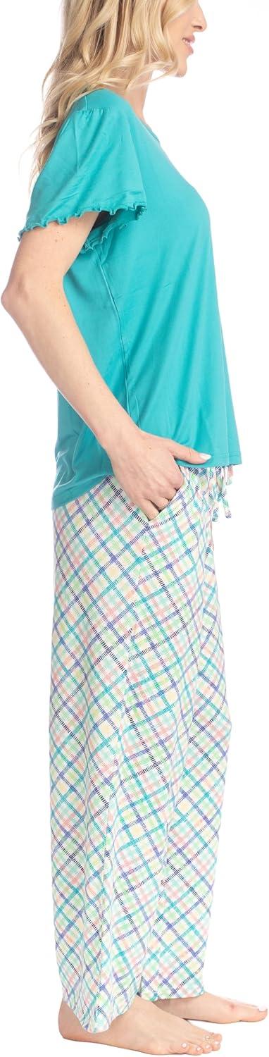 imageMUK LUKS Short Sleeve Pajama Set 2Piece Ruffle Sleeve Shirt and Capri Sleep Pants Artistic Garden Pijamas Capri de MujerTealSpring Plaid