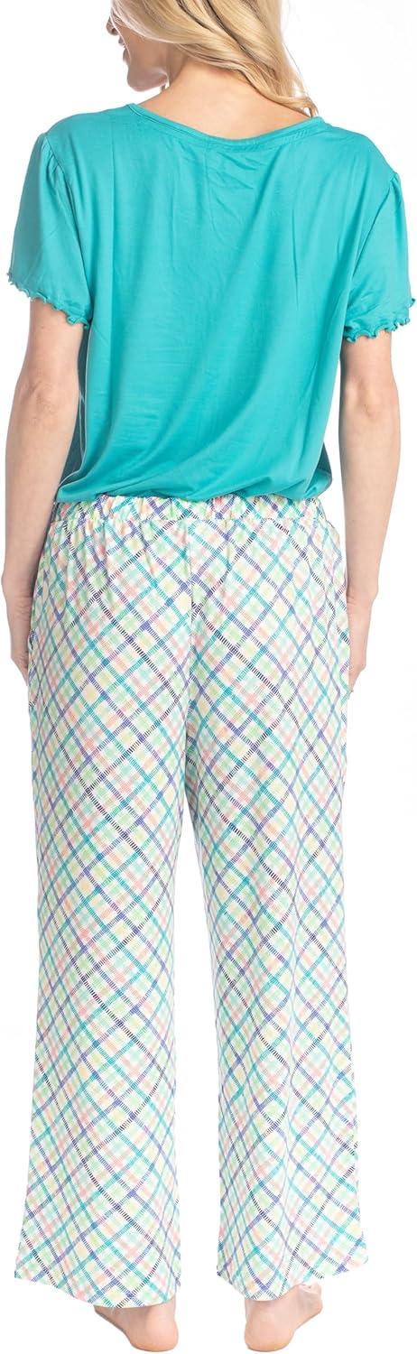 imageMUK LUKS Short Sleeve Pajama Set 2Piece Ruffle Sleeve Shirt and Capri Sleep Pants Artistic Garden Pijamas Capri de MujerTealSpring Plaid