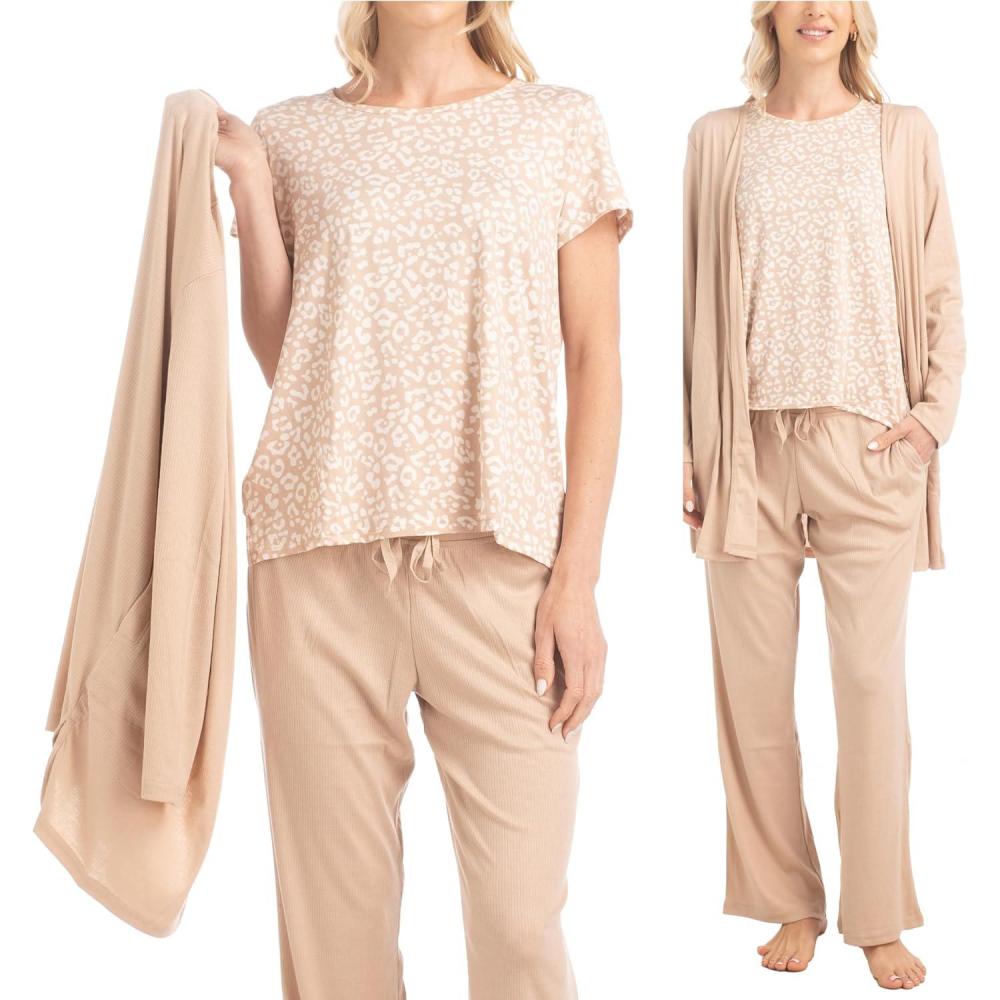imageMUK LUKS 3 Piece Womens Pajamas  Anything Sleep and Lounge Set Matching Long Sleeve Cardigan Conjunto de PijamaCaramel Leopard