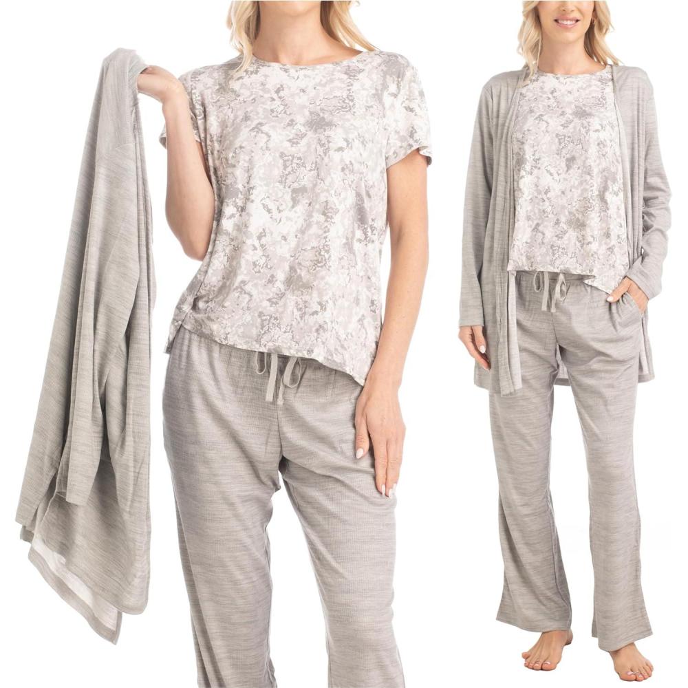 imageMUK LUKS 3 Piece Womens Pajamas  Anything Sleep and Lounge Set Matching Long Sleeve Cardigan Conjunto de PijamaGreyCotton Candy