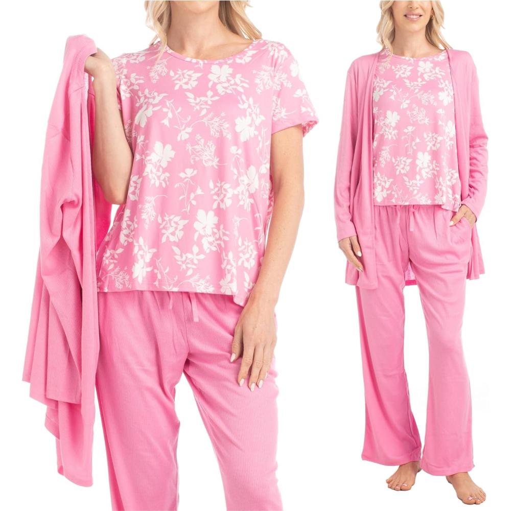 imageMUK LUKS 3 Piece Womens Pajamas  Anything Sleep and Lounge Set Matching Long Sleeve Cardigan Conjunto de PijamaPinkLacey Floral
