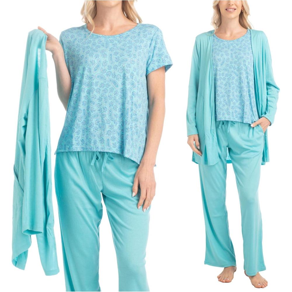 imageMUK LUKS 3 Piece Womens Pajamas  Anything Sleep and Lounge Set Matching Long Sleeve Cardigan Conjunto de PijamaTeal Paisley