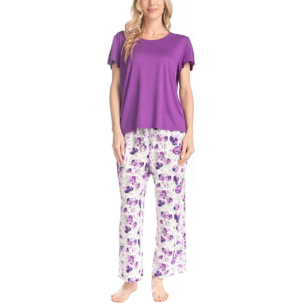 imageMUK LUKS Short Sleeve Pajama Set 2Piece Ruffle Sleeve Shirt and Capri Sleep Pants Artistic Garden Pijamas Capri de MujerPurGarden Floral