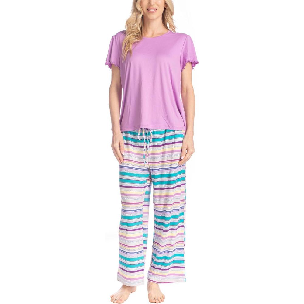 imageMUK LUKS Short Sleeve Pajama Set 2Piece Ruffle Sleeve Shirt and Capri Sleep Pants Artistic Garden Pijamas Capri de MujerPurRainbow Stripe